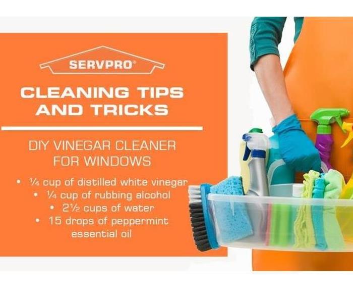 Person holding caddy with cleaning supplies with tips and tricks listed.